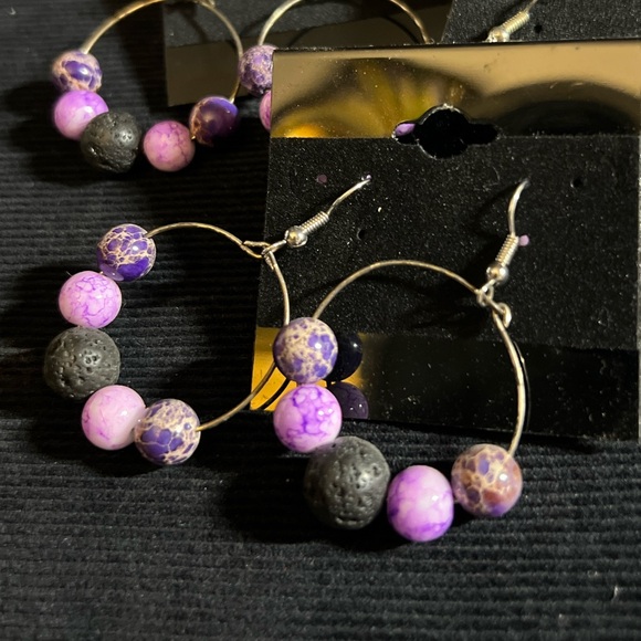 Essential Diffuser Hoop Earrings black & pink agate beads and stones Handmade - Picture 1 of 3